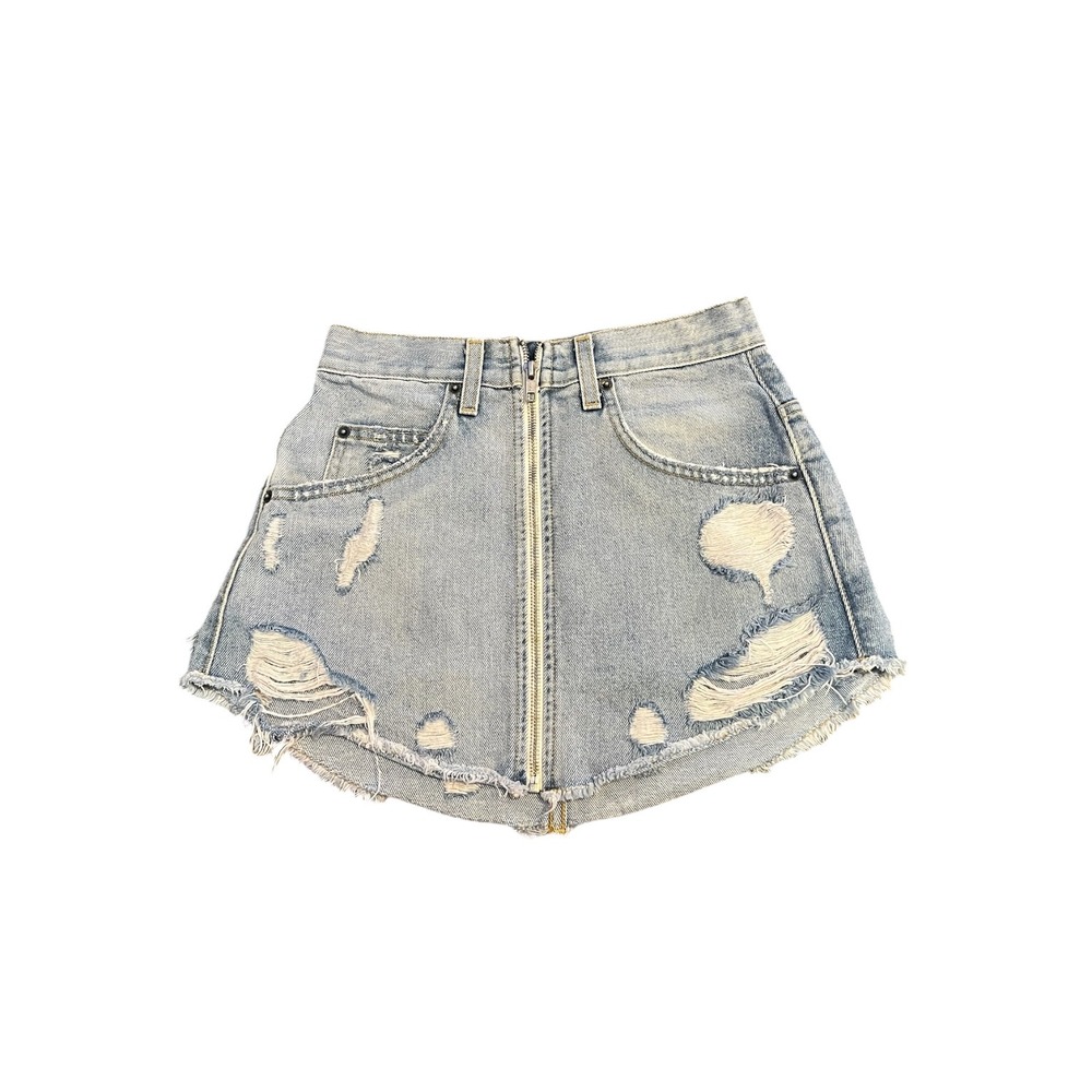Carmar Denim Distressed Mini Skirt Light Wash Raw Hem Zip Front Size 25